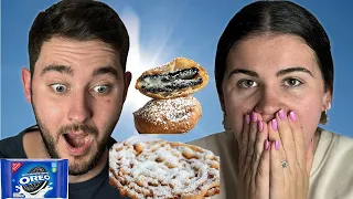 Brits try Deep-Fried Oreos & Funnel Cakes in America for the first time!