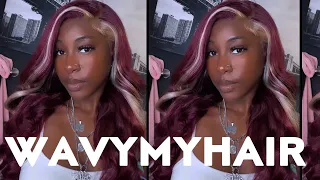 BURGUNDY WITH BLONDE SKUNK STRIPE FRONTAL WIG FT. WavyMyHair