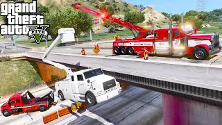 GTA 5 Mods Ace Towing Heavy Wrecker Rotator Lifting A Utility Truck Hanging From A Overpass