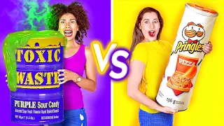 EATING ONLY 1 COLOR FOOD FOR 24 HRS! Last To STOP Wins! PURPLE VS YELLOW Mukbang by 123 GO!CHALLENGE
