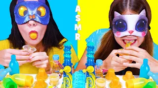 ASMR *BLUE AND YELLOW FOOD* RACE WITH CLOSED EYES, EDIBLE TOOTHPASTE, JELLY CUPS MUKBANG 먹방