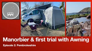 Ford Transit Custom Nugget Family Campervan UK Pembrokeshire Ep2: Manorbier &first trial with awning