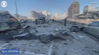 Damage around a shopping area in Kyiv, Ukraine