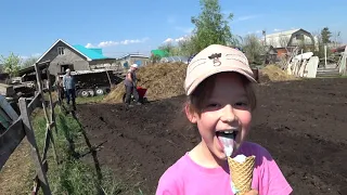 Сажаем картошку мотоблоком с картофелесажалкой . Дуняшка заболела !