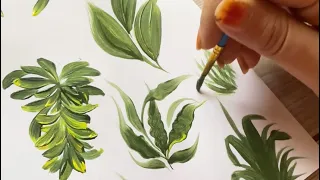 EASY! HOW TO PAINT 7 types of LEAVES step by step painting tutorial  (only by using one round brush)