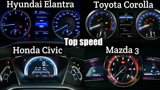 Toyota Corolla Vs Honda civic Vs Hyundai Elantra Vs Mazda 3 skyActive top speed comparison / 0-200
