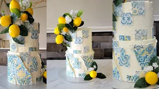 Mediterranean Tile and Lemons Cake | Edible Ink Transfer Method (no frosting sheets of wafer paper)