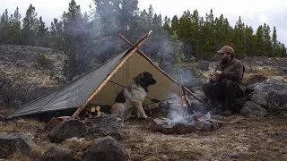 Extreme Weather Bushcraft Camping - Pole-frame Tarp Shelter, Wet Weather Fire, Solo Overnight