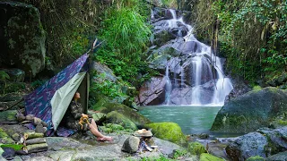 Solo Bushcraft Overnight - Fishing and roasting chicken thighs on rocks, sounds of nature, ASMR