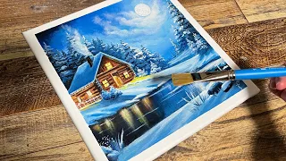 Moonlit Lake Cabin | Acrylic Winter Landscape Painting for Beginners | Time-Lapse