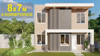 Plano de Casa 8 x 7 con 4 Dormitorios y 2 Pisos