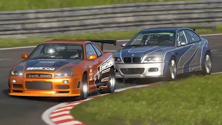 BMW M3 GTR (E46) vs Nissan Skyline GT-R (R34) at Nurburgring Nordschleife Track Day