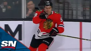 Blackhawks' Bedard shows off wicked release rifling top shelf wrister vs. Golden Knights