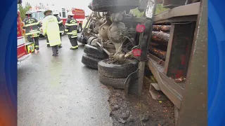 State Police: Driver dead after log truck overturns during single-vehicle crash in Carrsville