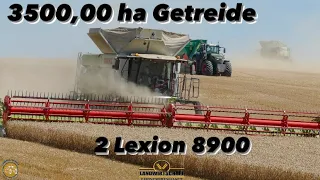 3500ha Getreide mit 2 Claas Lexion 8900 - 18.000L Korntank - 1380 Convio Großeinsatz Getreideernte