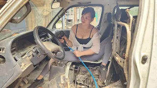 Genius girl repairs and restores a car.