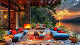 Soothing Jazz Music and Crackling Fire Sounds ☕ Spring Sunset in Balcony Space for Relax, Work