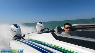 Fountain Thunder Cat 34 performance boat powered by a pair of Mercury Racing 300R engines