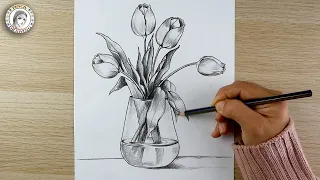 how to draw Flowers Vase | drawing | dibujo de flores | still life drawing | رسم | رسم مزهرية الزهور