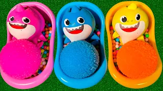 Oddly Satisfying Video | 3 Baby Shark in Rainbow Bathtubs with Sweet Candy M&M's Cutting & ASMR