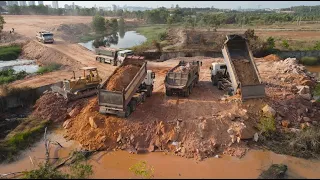 Nice Work very fast Team Operator Bulldozer and Dump Truck Working Land Filling Up Very large field