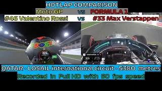 Qatar Losail 2021 F1 vs MotoGP lap comparison telemetry Max Verstappen vs Valentino Rossi onboard