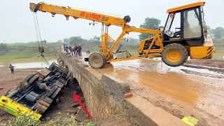 Borewell Machine Accident Jumped from the Bridge Pulled by Escort Hydra