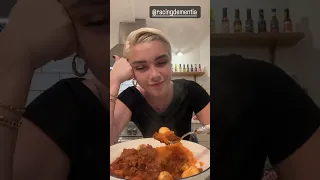 Florence Pugh cooks beef stew and sweet potatoes  while talking about Race Against Dementia