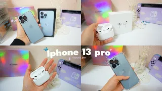 Iphone 13 pro 256gb (sierra blue) | airpods pro unboxing ☁️💙 (aesthetic sound)
