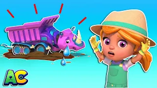 Oh no! RHINOCEROS DUMPTRUCK can't get out of mud!  | AnimaCars  | Trucks Videos for Children