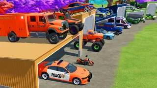 TRANSPORTING POLICE CARS, FIRE TRUCK, MONSTER TRUCK, AMBULANCE, CARS OF COLORS! WITH TRUCKS! - FS 22