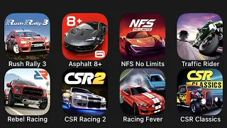 Rush Rally 3, Asphalt 8+, NFS No Limits, Traffic Rider, Rebel Racing, CSR Racing 2, Racing Fever...