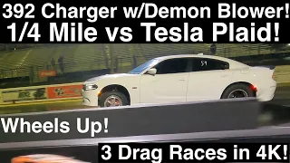 Plaid 1/4mi vs 392 Charger w/Demon Blower! Turbo Fox! Big-Tire Nova! Matching ETs?!? 3 Drag Races 4K