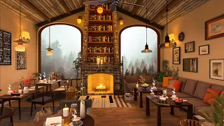 Autumn Bookstore Cafe Ambience 4K | Relaxing Smooth Piano Jazz & Cozy Crackling Fireplace to Relax