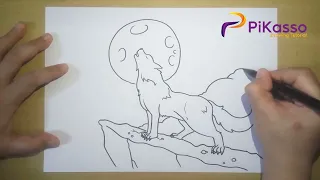 How to Draw a Wolf Howling on a full Moonlight