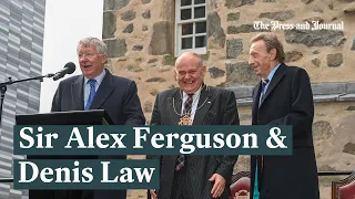 Denis Law And Sir Alex Speak At The Statue Unveiling