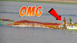 OMG ! The Cargo Barge Is Overloaded Trying To Cross Dangerous Fast Water