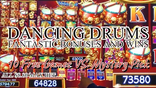 FANTASTIC BONUSES AND WINS ON DANCING DRUMS ALL AT $8.80 MAX BET 😱 10 FREE GAMES VS. MYSTERY PICK!?