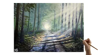 Woods painting tutorial for beginners to intermediate /Acrylic forest path landscape step by step