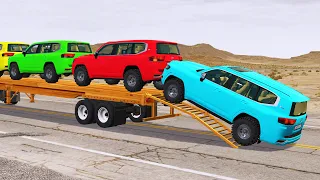 Flatbed Trailer new Toyota LC Cars Transportation with Truck - Pothole vs Car #029 - BeamNG.Drive