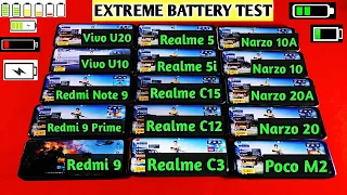 Redmi 9 Prime vs Note 9 vs Narzo 20 vs Narzo 20A vs Narzo 10 Vs C15/C12/C3 | Battery Drain Test🔥🔥