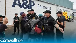 Bibby Stockholm protesters clash with police in Falmouth