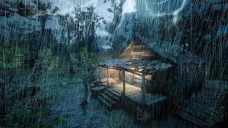 The old hunter's cabin with the sound of heavy rain and majestic thunder in the forest at night