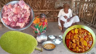 rural grandma how to cook JACKFRUIT with CHICKEN Curry and eating with hot rice||rural life India.