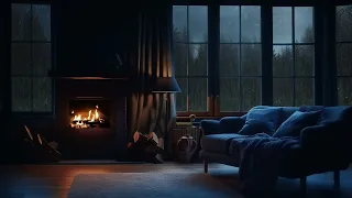 Cozy Room Ambience ASMR 🌧️ Rain on window sounds with crackling fire & thunder for sleep, relaxation