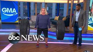 America's strongest mom, Kristin Rhodes, shows off her strength on GMA Day