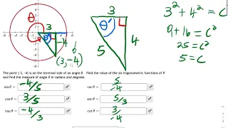 Find Six Trig Functions and Angle for a Point on the Terminal Side of an Angle