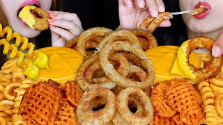 ASMR CHEESY FRIED FOOD FEAST (CRUNCHY ONION RINGS, CURLY FRIES, WAFFLE FRIES) *BEHIND THE SCENES* 먹방
