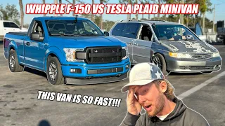 Racing the Tesla Plaid SLEEPER Minivan! Our Whipple F-150's FASTEST Pass Yet!!!