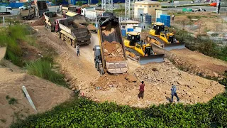 Amazing Starting Road Project DumpTruck TRAGO Unload Stone For 3 Days With Bulldozer Push In Water